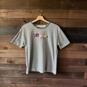 Vintage Striped Tee with hibiscus flower embroidery